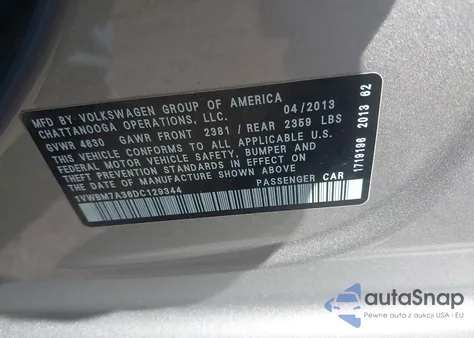 2013 Volkswagen Passat 3.6L V6 Se from USA, damaged, VIN 1VWBM7A36DC129344